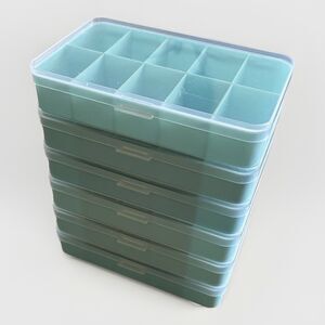6 Plastic Craft Storage Box 10 Squares Per Box Hinged Stackable Blue 6x4x2